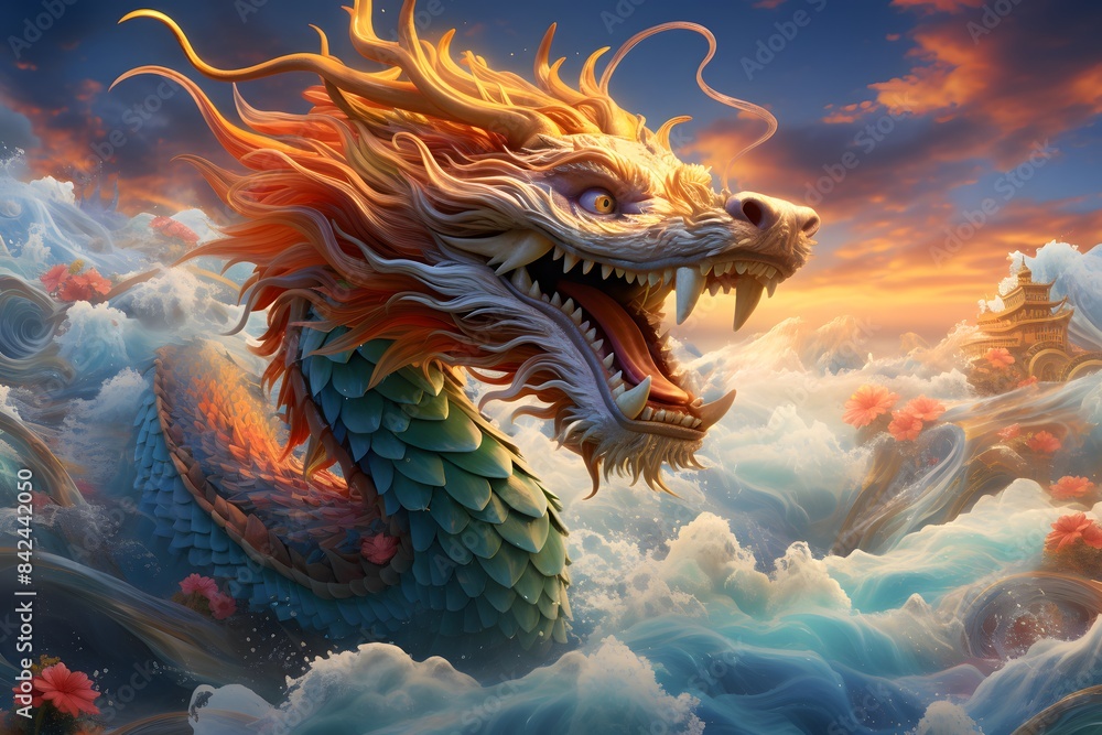 A colorful Chinese brush painting of a highly detailed colorful Chinese dragon baring its fangs. Fly among beautiful clouds Below the picture is a blue sea. The light hits the waves and sparkles.