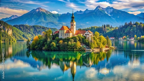 A picturesque view of Lake Bled with the iconic Bled Island and its church, surrounded by the Julian Alps in Slovenia, lake bled, slovenia, bled island, bled church, julien alps, mountains photo