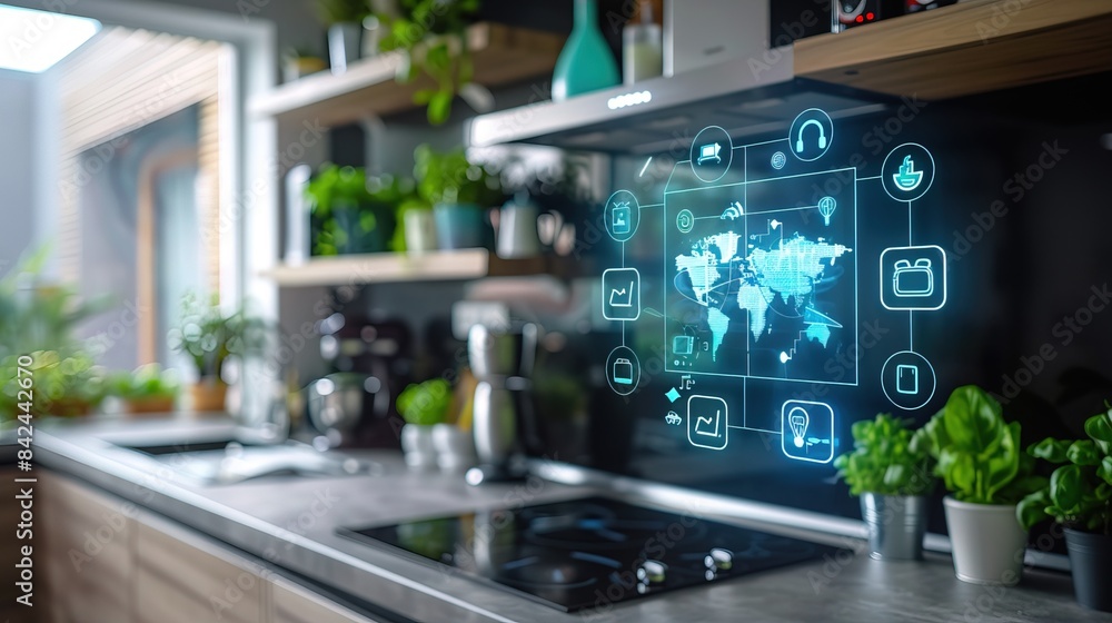 Kitchen with compliance icon on virtual screen Kitchen with compliance icon on virtual screen