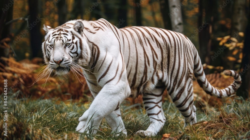 Naklejka premium A majestic white tiger resting in a forest. Beautiful close white tiger in forest