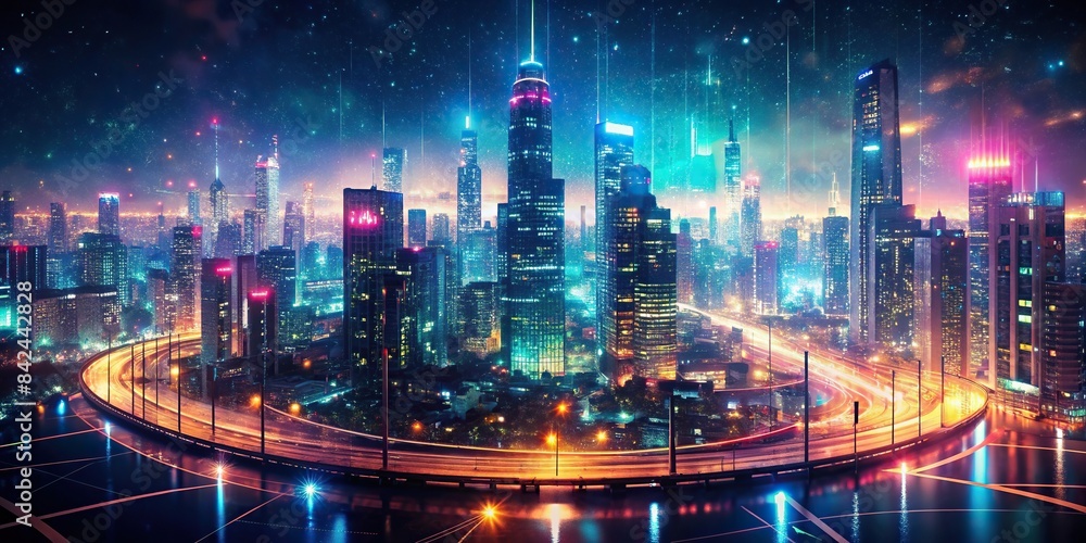 A grainy, static-filled VHS-like panoramic view of a bustling cityscape, with shimmering lights and distorted outlines, creating a retro-futuristic aesthetic, panoramic, cityscape, city lights