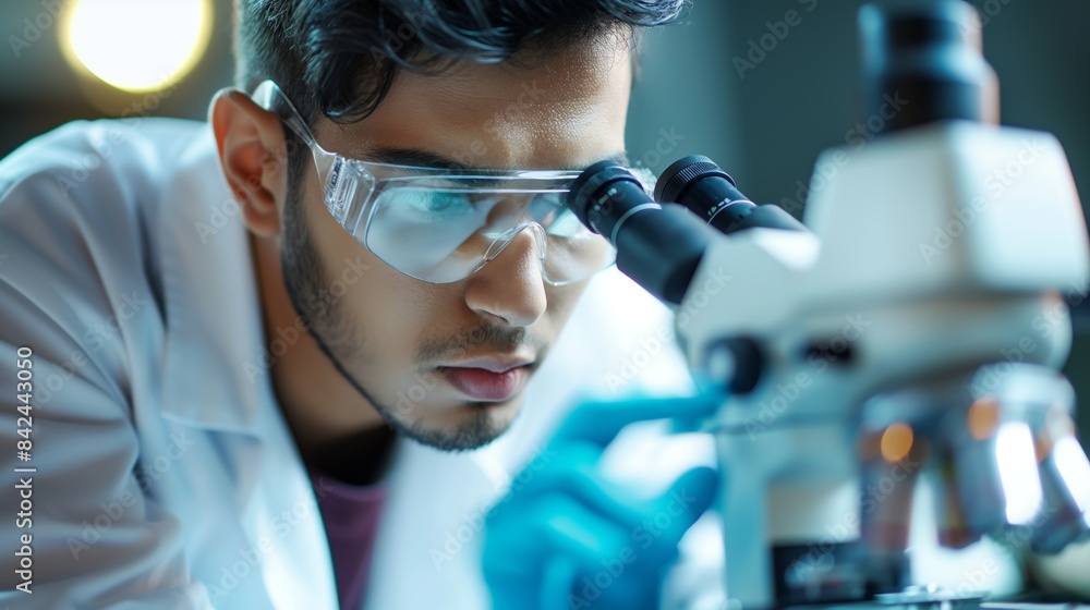Excluding the person's blurred face, a detailed close-up of a microscope in a scientific research environment Excluding the person's blurred face, a detailed close-up of a microscope in a scientific research environment