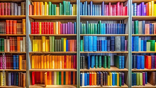 A vibrant rainbow of books, with spines jutting out at different angles, fills a shelf in a well-lit library, showcasing a diverse collection of stories and knowledge, library, books, colorful