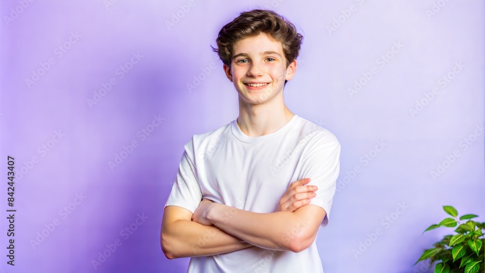 A smiling teenager stands with his hands folded. A smiling teenager stands with his hands folded.