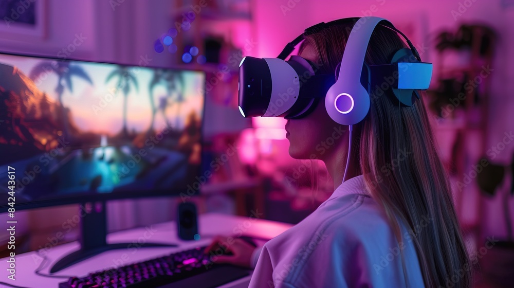 Gamers technology setup with headset and keyboard, highlighting the excitement of virtual reality gaming Gamers technology setup with headset and keyboard, highlighting the excitement of virtual reality gaming