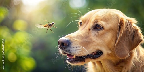 Close-up of mosquito biting golden retriever dog, mosquito, biting, insect, golden retriever, dog, fur, animal, close-up, irritation, pests, summer, itch, annoyance, pest control, outdoor photo