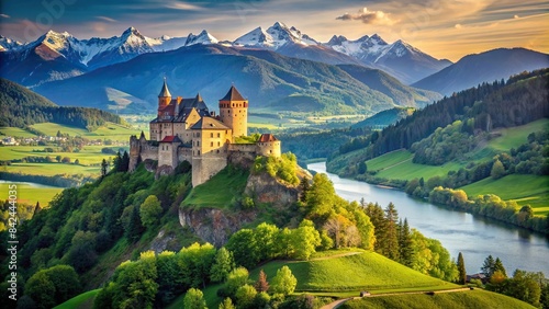 A majestic, ancient castle stands proudly atop a verdant hill, overlooking a breathtaking panorama of rolling hills, sparkling rivers, and distant snow-capped mountains, ancient castle photo
