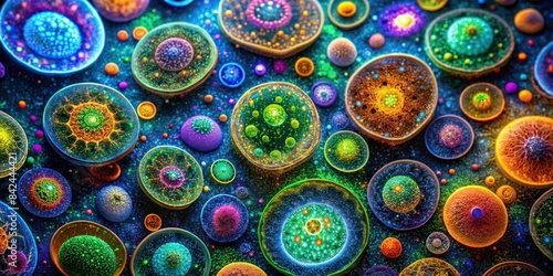 A vibrant, swirling tapestry of fluorescently-stained cells, each a miniature universe of intricate organelles and processes photo