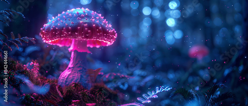 Vibrant bioluminescent mushroom emitting light in the dark, dense forest © Starkreal