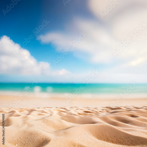 A sandy beach with waves lapping at the shore, under a bright blue sky with fluffy white clouds