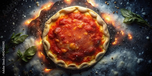 Homemade sourdough pizza dough topped with tomato sauce on raw dough , Pizza, homemade, sourdough, dough, tomato sauce, top view, cooking, baking, Italian, thick crust, artisanal photo