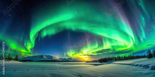 A snow-covered landscape with a vibrant green aurora borealis illuminating the night sky, leaving ample space for text or design elements, winter, aurora, borealis, northern lights © tammanoon