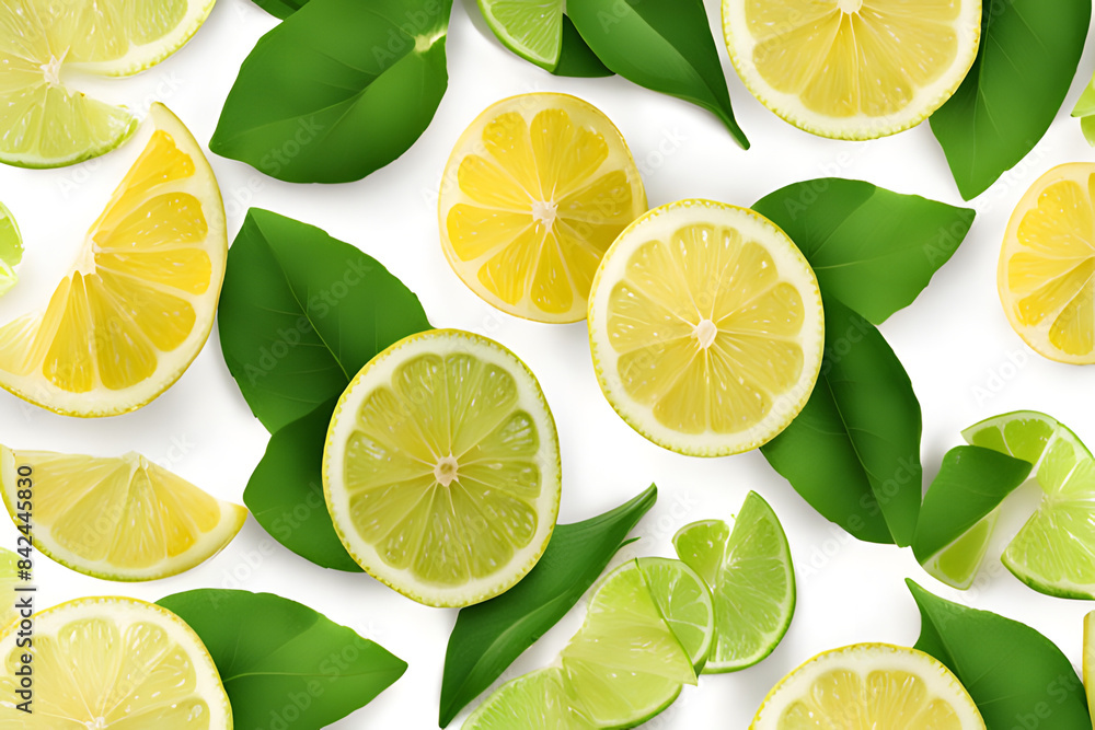 A seamless pattern of lemons, oranges, blueberries, and mint leaves on a green background. The fruits and leaves are scattered randomly across the background. A seamless pattern of lemons, oranges, blueberries, and mint leaves on a green background. The fruits and leaves are scattered randomly across the background.