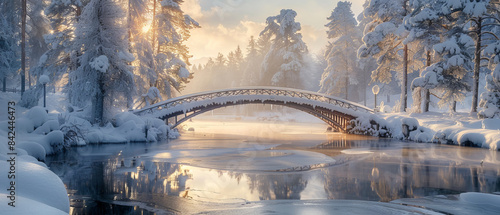 Winter landscape with a snowcovered bridge and frozen river photo