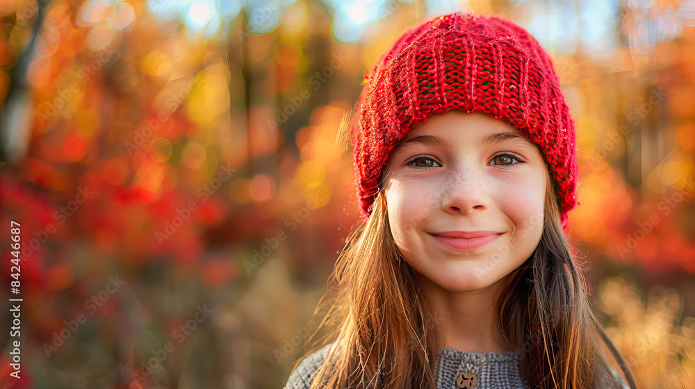 Close-up of the face of a girl with red woolen hat in a forest in autumn Close-up of the face of a girl with red woolen hat in a forest in autumn