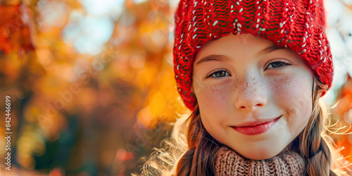 Close-up of the face of a girl with red woolen hat in a forest in autumn photo