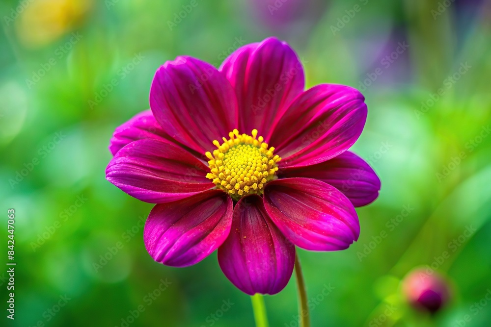 A vibrant purple flower with a striking red center and a bright yellow stamen stands out against a soft, green background, purple flower, red center, yellow stamen, vibrant