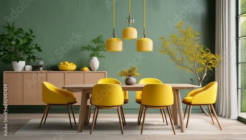 Interior design of modern dining room, wooden table and yellow chairs against green wall with sideboard, 3d rendering