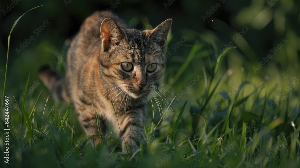 Cat hunting in a grassy environment Cat hunting in a grassy environment