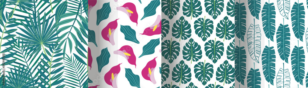 Set seamless patterns with exotic leaves and exotic flowers in flat design. Summer pattern with tropical leaves for fabric and wallpaper. Vector illustration.
Set seamless patterns with exotic leaves and exotic flowers in flat design. Summer pattern with tropical leaves for fabric and wallpaper. Vector illustration.