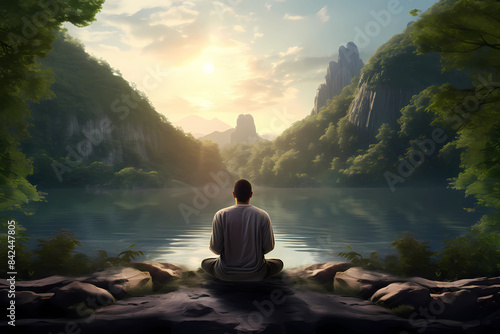 A man practicing mindfulness and meditation or yoga in a peaceful natural environment realistic image, ultra hd, high design very detailed 