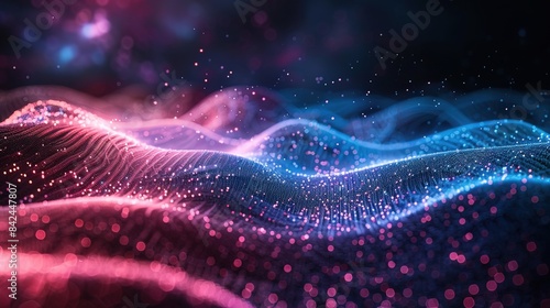 Abstract tech background with digital particles explosion, quantum core and computing network system, artificial intelligence and global data connections © WrongWay