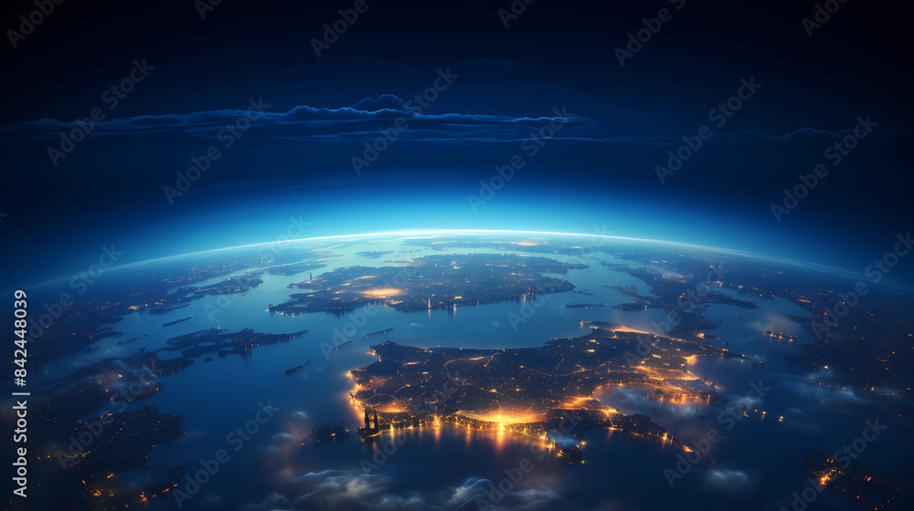 Panoramic view on planet Earth globe from space. Glowing city lights, light clouds. Panoramic view on planet Earth globe from space. Glowing city lights, light clouds.