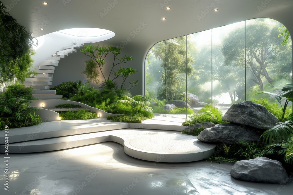 Fototapeta premium beautiful futuristic interior organic forms with plants green nature