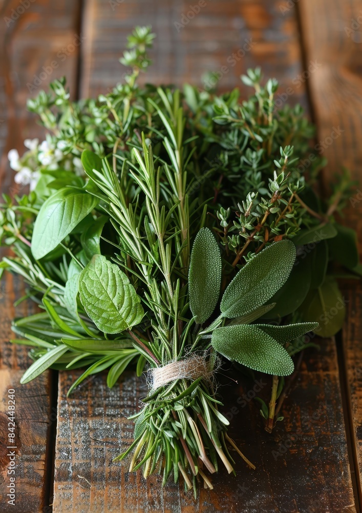 Bouquet Garni A bouquet garni of fresh herbs including thyme, rosemary, and bay leaves, tied together with kitchen twine. Displayed on a rustic wooden table. Bouquet Garni A bouquet garni of fresh herbs including thyme, rosemary, and bay leaves, tied together with kitchen twine. Displayed on a rustic wooden table.