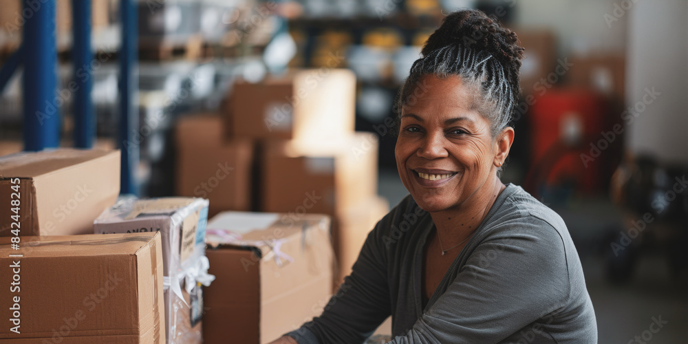 Happy worker in warehouse with boxes and packaging materials Happy worker in warehouse with boxes and packaging materials