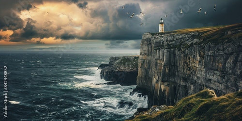 Lighthouse on cliff at sunset with stormy sea and birds