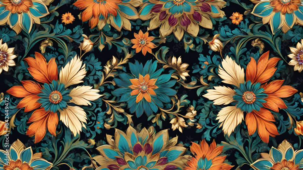Seamless ethnic mughal floral motif on digital background pattern Abstract pattern. abstract floral and geometric print pattern for textile design and fabrics Generative AI Seamless ethnic mughal floral motif on digital background pattern Abstract pattern. abstract floral and geometric print pattern for textile design and fabrics Generative AI