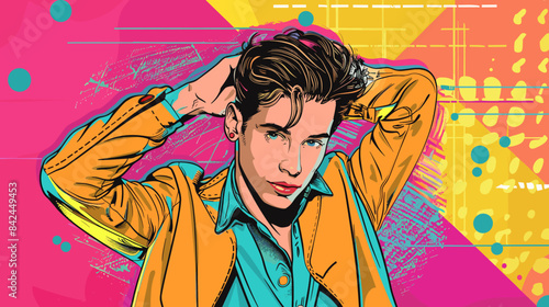 serious man in a jacket on a yellow and pink background vector flat illustration