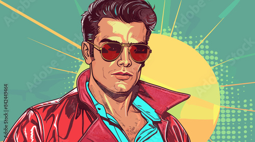 stylish man wearing sunglasses and red leather jacket retro illustration in comic style