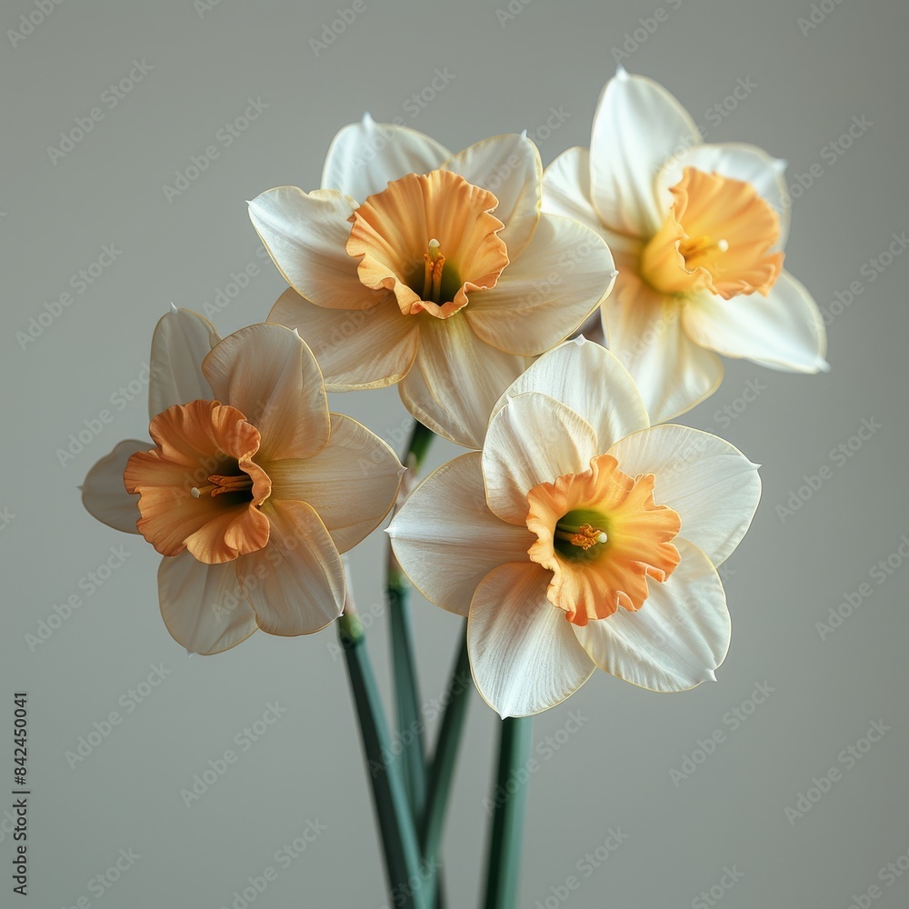 Elegant Daffodil Bouquet in Soft Light - Realistic 8K HD Photography on White Background Elegant Daffodil Bouquet in Soft Light - Realistic 8K HD Photography on White Background