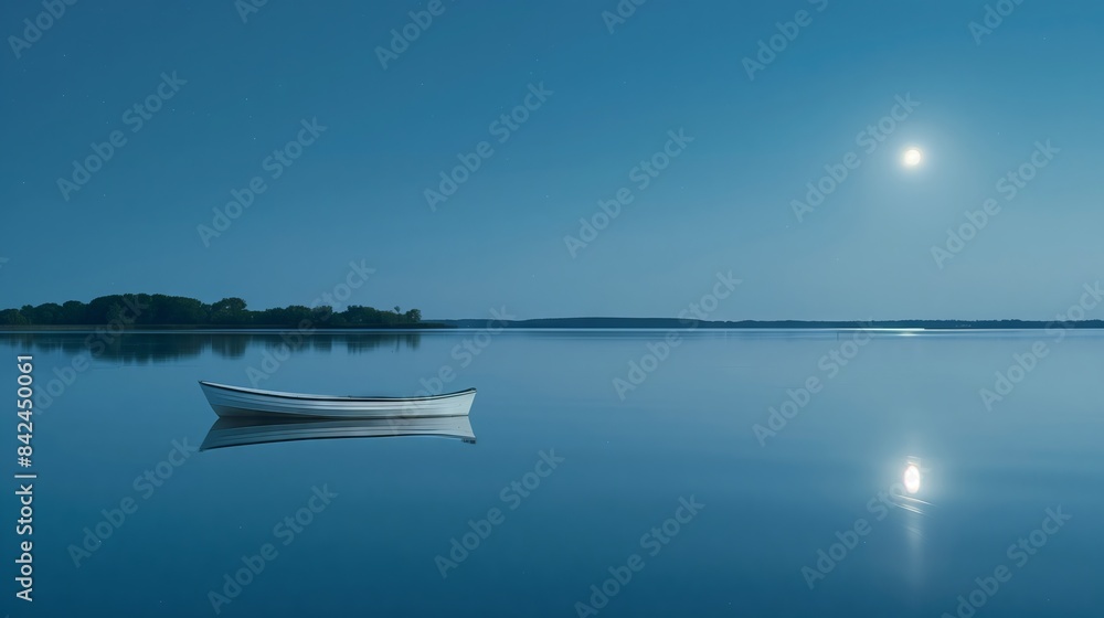 A boat drifts on a serene lake under moonlight, evoking reflection and tranquility, embracing the night's stillness. A boat drifts on a serene lake under moonlight, evoking reflection and tranquility, embracing the night's stillness.
