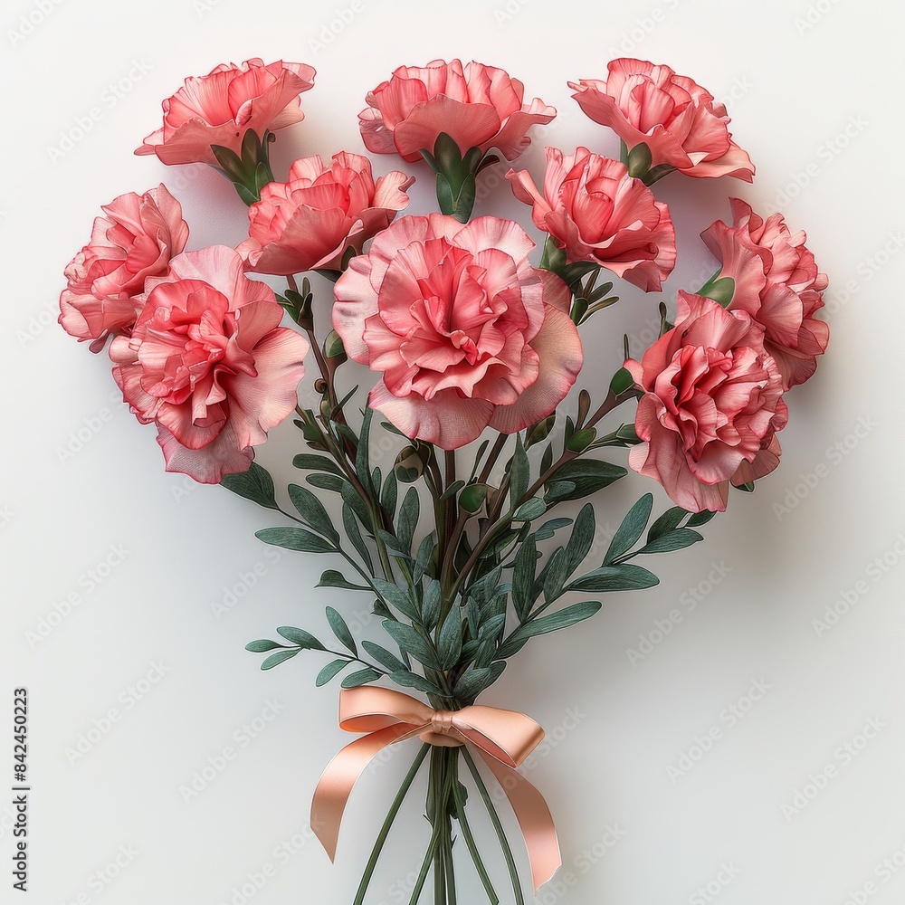 custom made wallpaper toronto digitalElegant Carnation Bouquet with Satin Ribbon on White Background - Realistic 8K HD Photography with Soft Light and Shadow