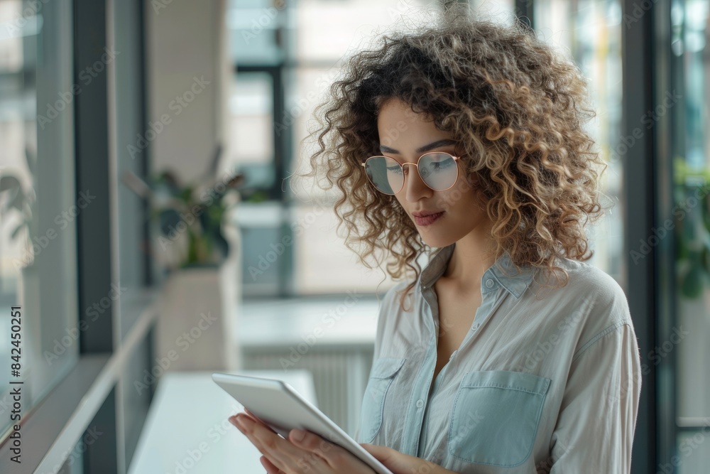 On the go, talented female entrepreneurs use tablets to work on projects in modern offices On the go, talented female entrepreneurs use tablets to work on projects in modern offices