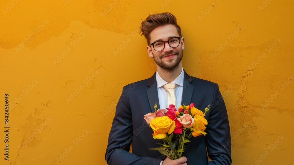 Elegant Gentleman Holding a Vibrant Flower Bouquet Elegant Gentleman Holding a Vibrant Flower Bouquet