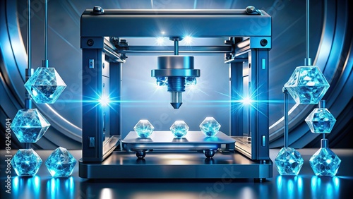A sleek, futuristic printer for creating synthetic diamonds, with a glowing blue plasma chamber and robotic arms precisely positioning tiny diamond crystals,  printing, synthetic diamond photo