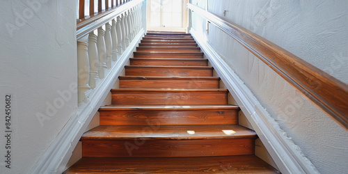 Wooden staircase with natural light from upstairs window