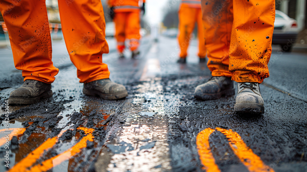 Road workers in orange uniforms work on the road. Close-up photo of work boots Road workers in orange uniforms work on the road. Close-up photo of work boots