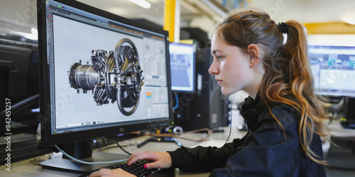 Female engineer creating 3D mechanical model on computer