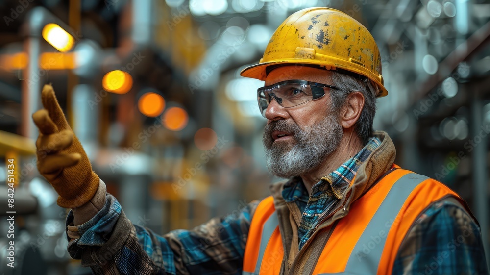 A Engineer in a safety vest is pointing at a machine A Engineer in a safety vest is pointing at a machine