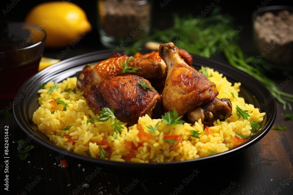 Baked chicken legs with yellow rice. Tropical cuisine Baked chicken legs with yellow rice. Tropical cuisine