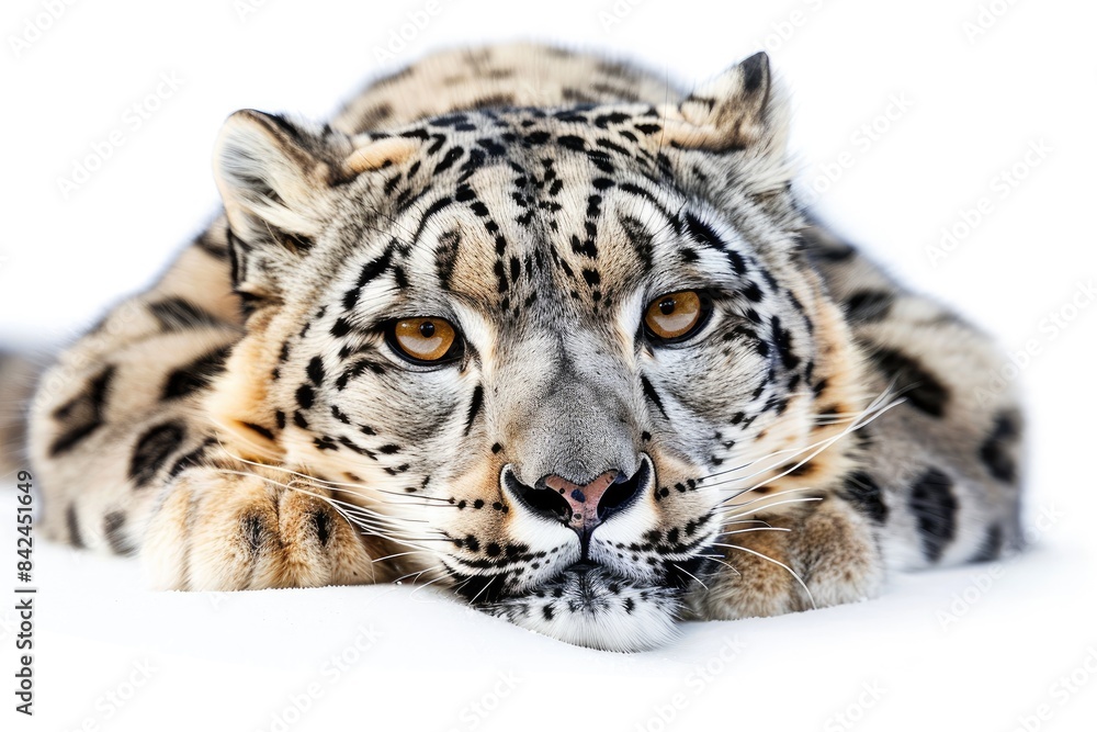 Naklejka premium Face portrait of snow leopard - Irbis (Panthera uncia) isolated on white background
