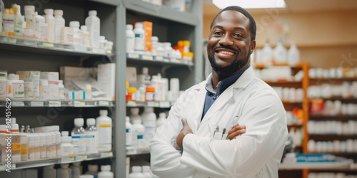 Title: Pharmacist in white coat standing in front of pharmacy shelves