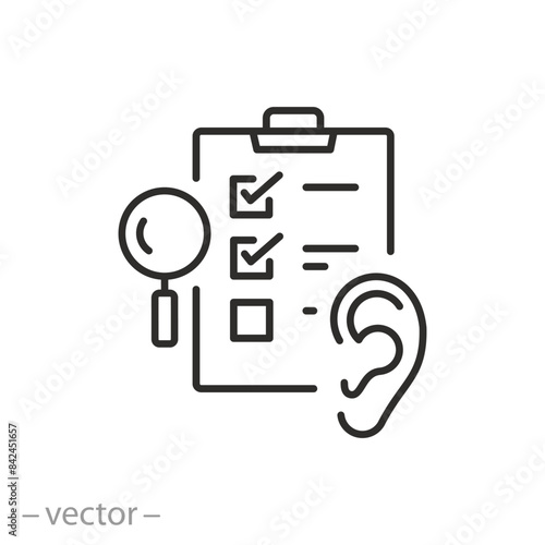 examination of the hearing organ icon, appointment with an ENT specialist, diagnosis of the human ear, thin line symbol - editable stroke vector illustration
