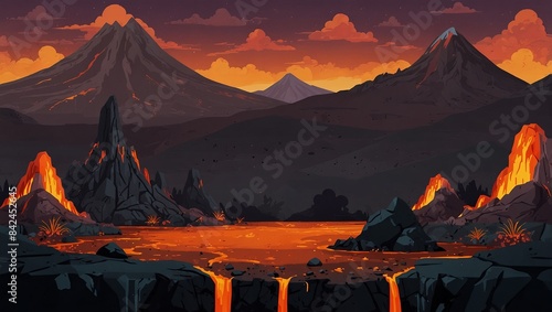 Volcano level background asset, lava flows and rocks, perfect for platformer games. 2d style