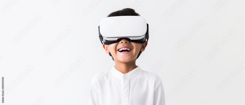 Cheerful kid in virtual reality headset Cheerful kid in virtual reality headset